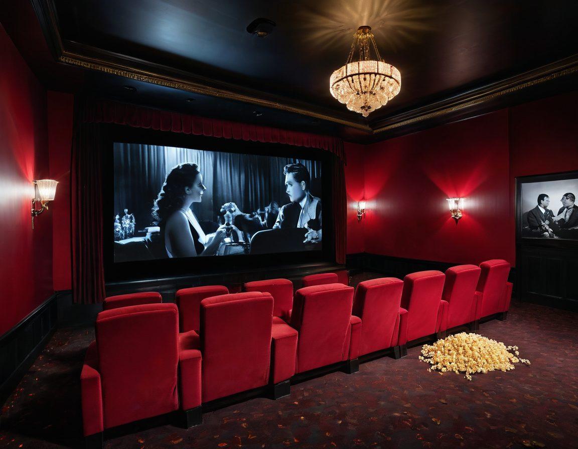 An evocative scene featuring a dimly lit cinema with plush red velvet seats, showcasing a silver-screen displaying a tantalizing silhouette of a couple in a passionate embrace. The atmosphere should radiate intrigue and allure, with soft lighting reflecting the film’s sensuality. Add a faint glimpse of vintage film reels in the background and a sprinkle of popcorn scattered across the floor. cinematic style. dramatic lighting. rich shadows. vibrant colors. atmospheric.