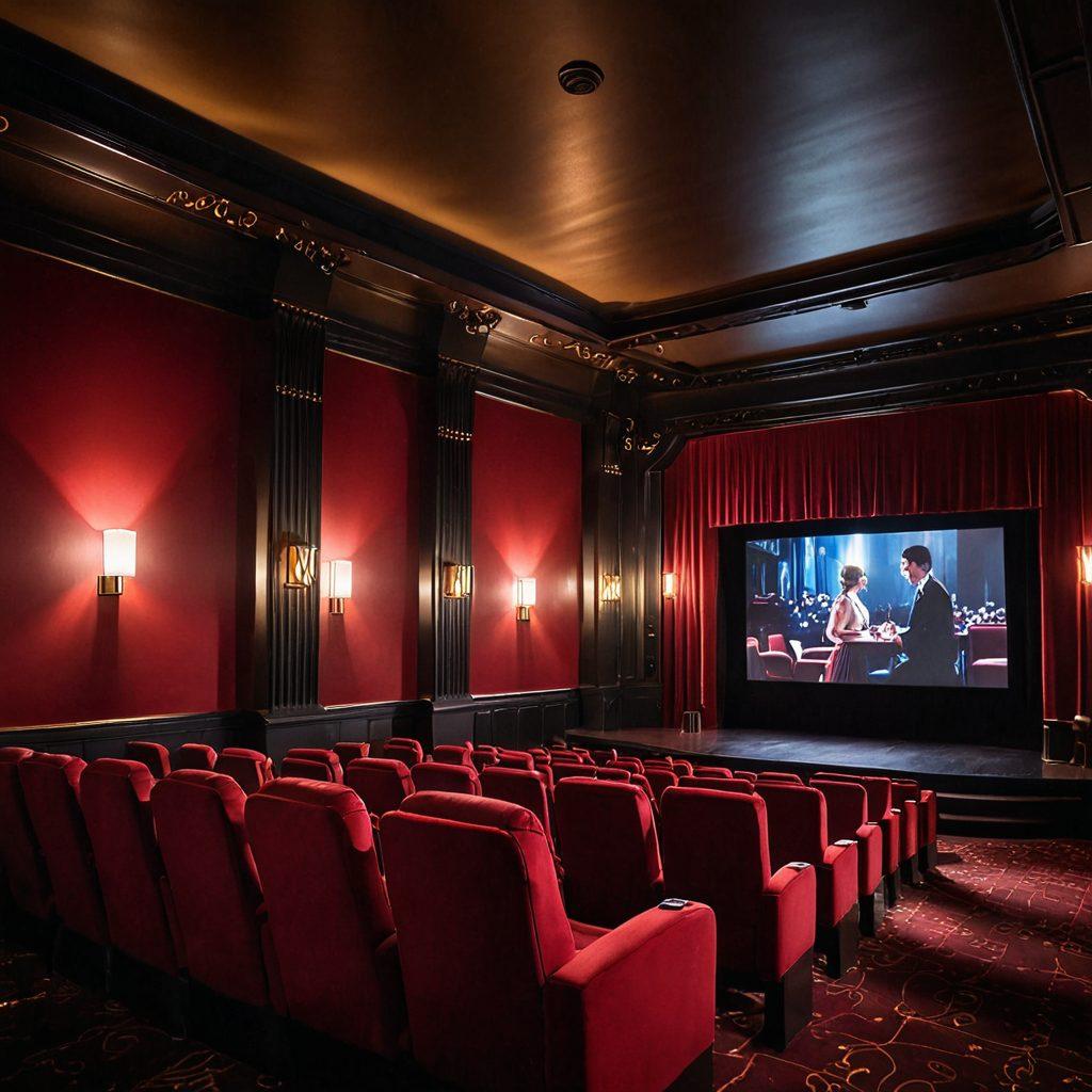 A dimly lit cinema with plush red velvet seats and glowing neon lights, showcasing a large screen displaying alluring silhouettes of diverse couples in passionate moments. The atmosphere is intimate and seductive, with shadows casting an air of mystery. Include scattered popcorn and wine glasses on the seats, adding a touch of indulgence. Art deco style. vibrant colors. 3D.